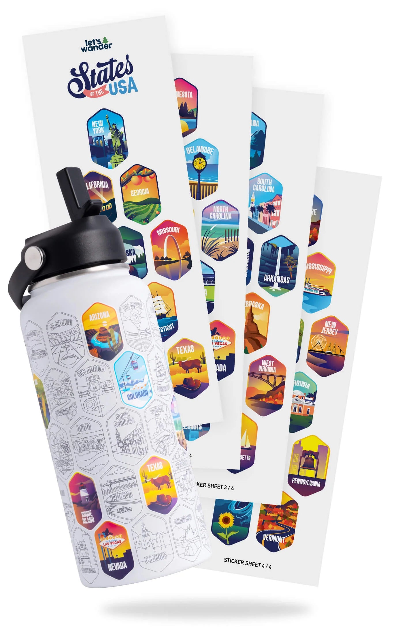 Helanvi™ 50 States Of The USA Water Bottle + Stickers