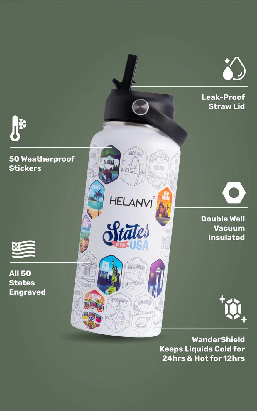 Helanvi™ 50 States Of The USA Water Bottle + Stickers